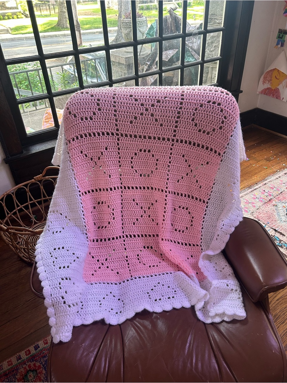 Vintage Handmade Pink and White Crochet Baby Blanket
